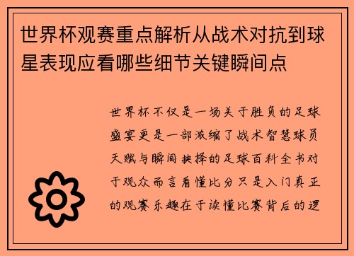 世界杯观赛重点解析从战术对抗到球星表现应看哪些细节关键瞬间点 世界杯观赛重点解析从战术对抗到球星表现应看哪些细节关键瞬间点