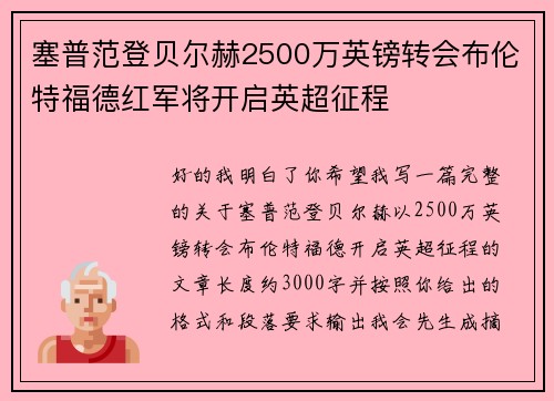 塞普范登贝尔赫2500万英镑转会布伦特福德红军将开启英超征程 塞普范登贝尔赫2500万英镑转会布伦特福德红军将开启英超征程